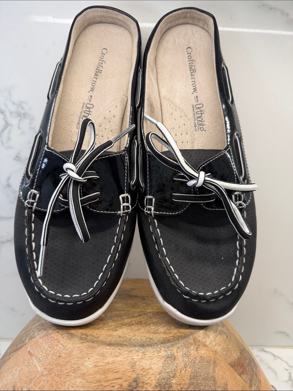 croft & barrow Black Patent and Matte Slip-On Moccasins with White Trim